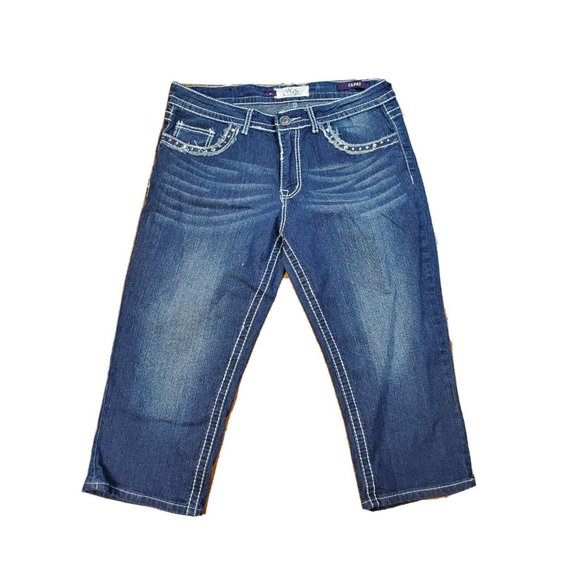 VGS Jeans Womens Size 10 X 20  Capri Blue Denim Embellished Embroidered - Picture 2 of 5